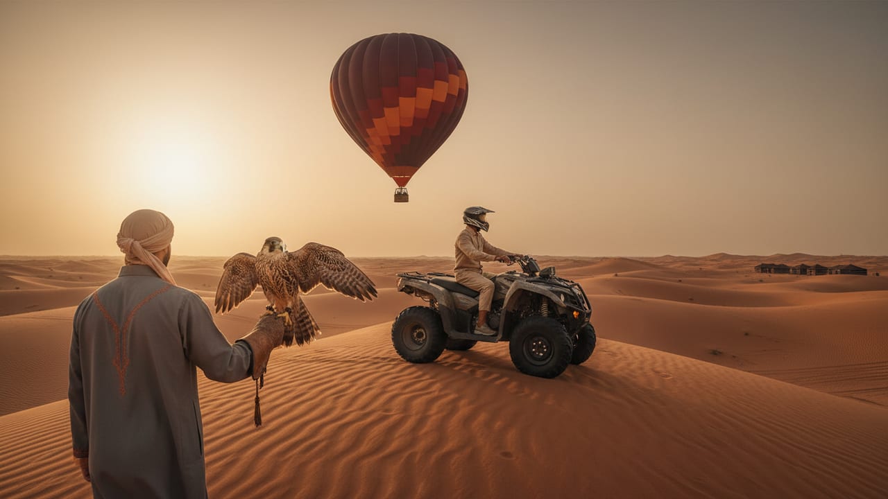 Composite frame showing a quad bike at the desert plot, falconry presentation and a hot air balloon overhead — Dubai red dunes