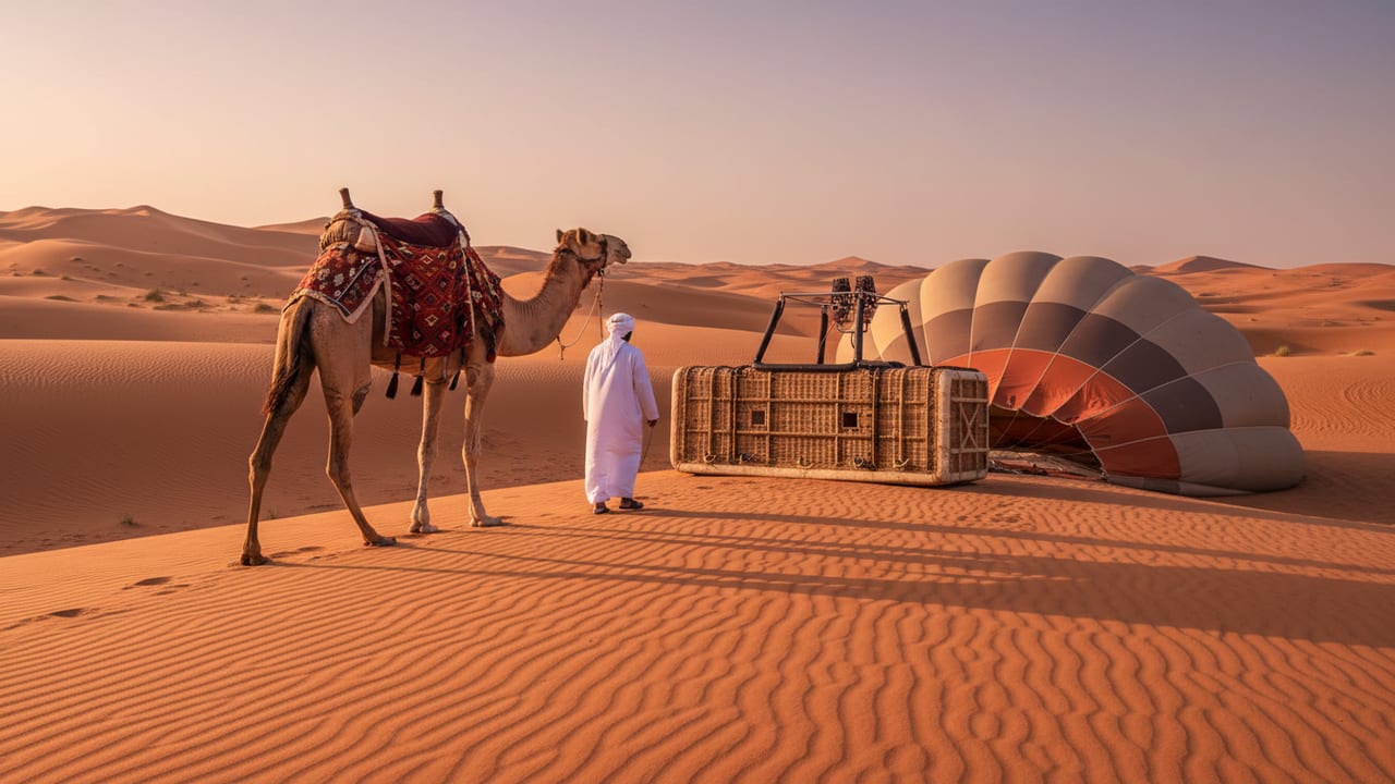 Hot air balloon basket POV at altitude over Dubai red dunes at sunrise