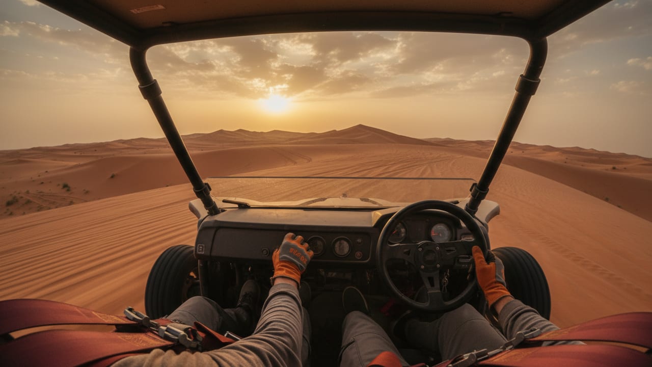 Driver point-of-view inside the 2-seater 1000cc dune buggy mid-corner on a Dubai red-dune slope