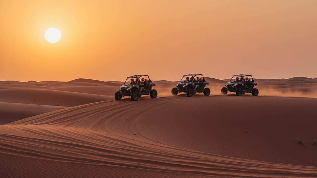 Convoy of three 4-seater dune buggies in a rolling line at sunset on Dubai red dunes