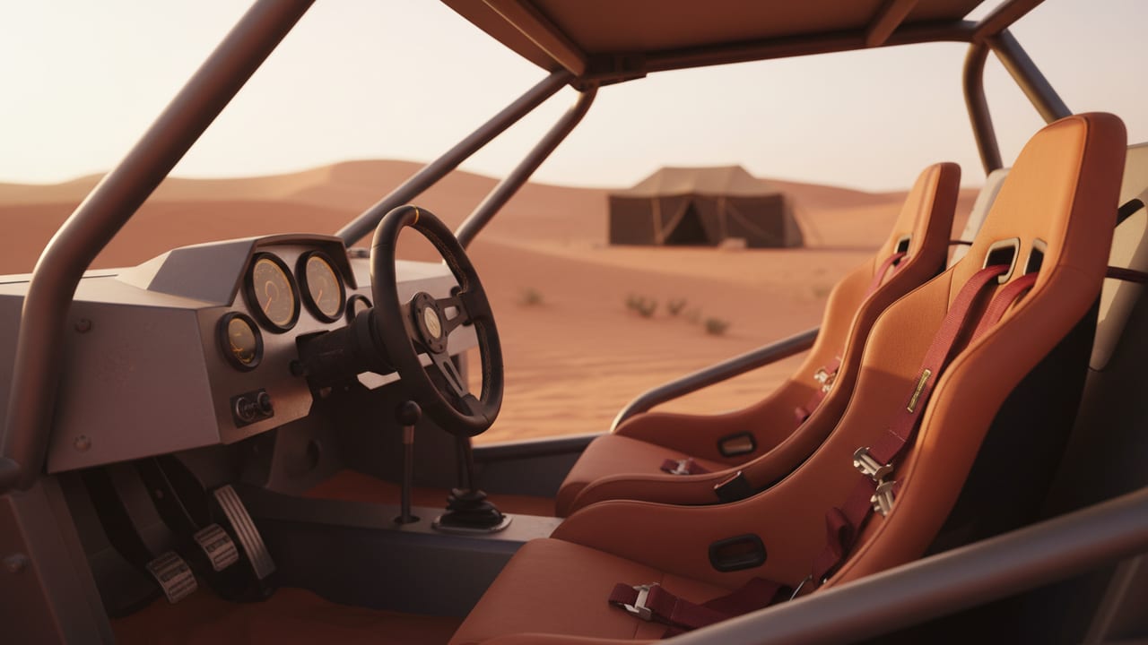 Cockpit close-up of a Can-Am Maverick X3 — harness, steering wheel and roll cage detail
