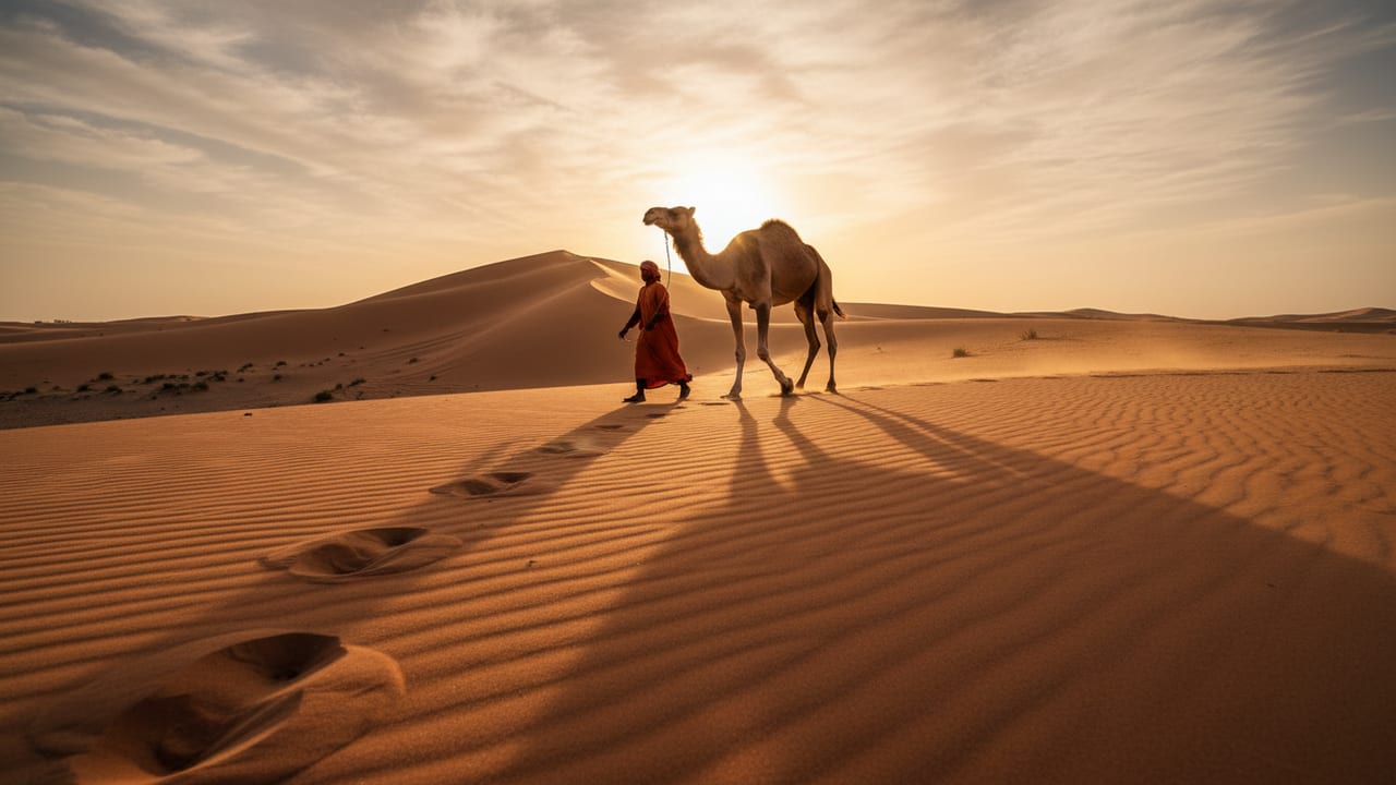 Bedouin handler leading a camel at slow pace on a Dubai red-dune crest at golden hour