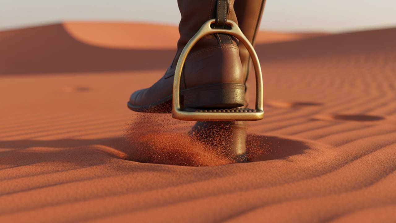 Close-up of a horse hoof sinking into Dubai red sand with rider boots in stirrups visible above