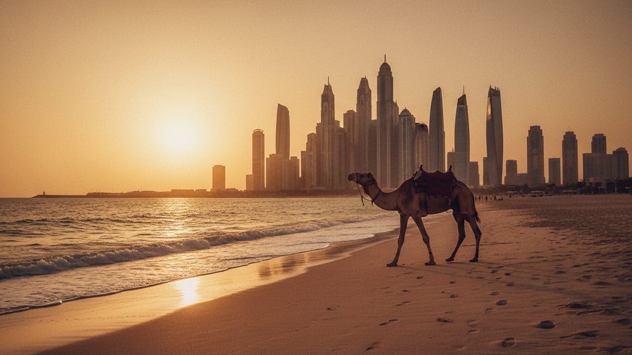 Camel walking along JBR Beach with the Dubai Marina skyline behind, 17:00 side light