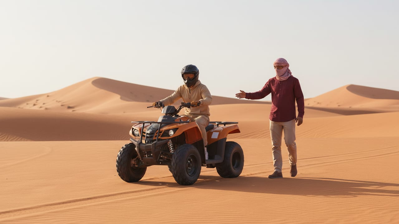 Beginner rider on a COBRA single-seater quad with a lead rider walking alongside on a flat sand track