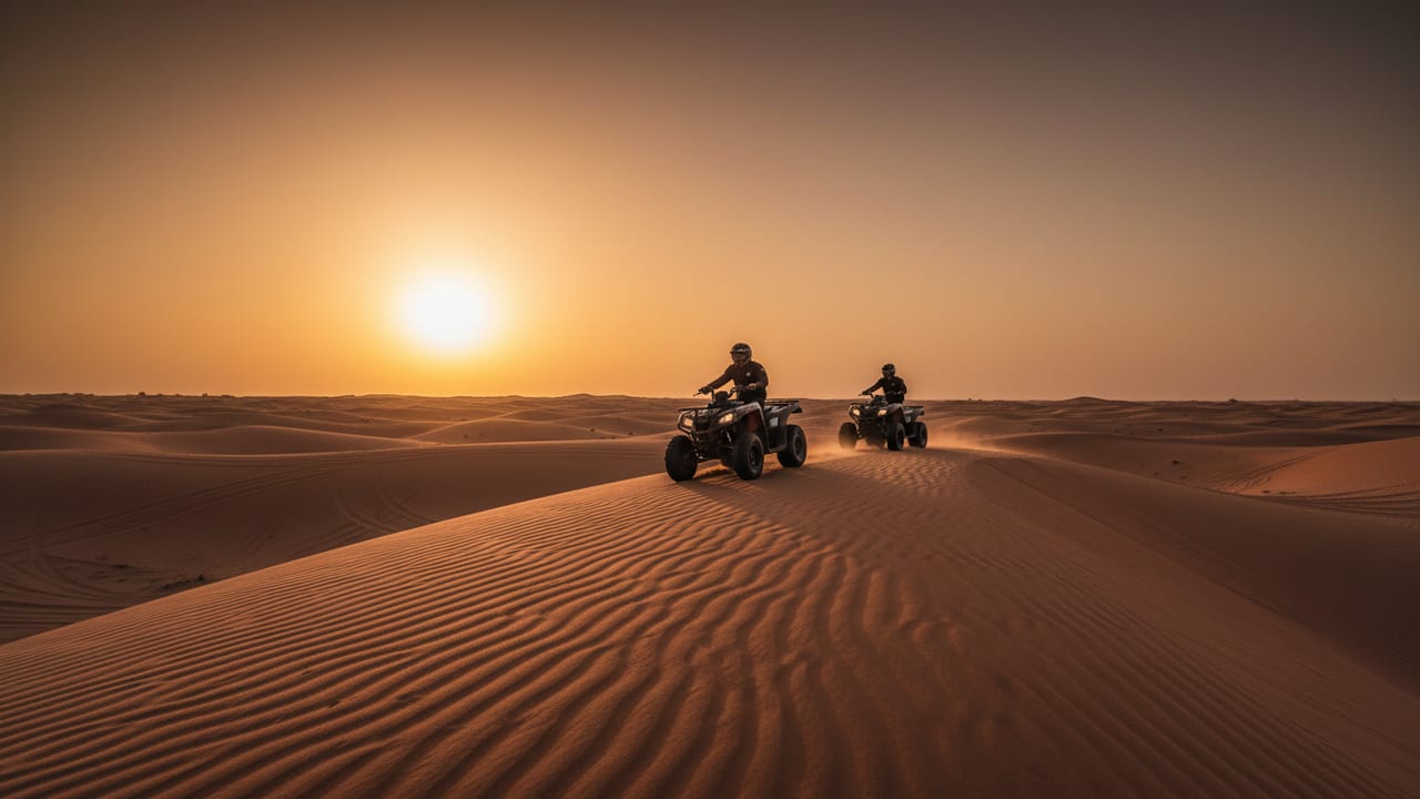 Two-up convoy line of single-seater quad bikes on a red-dune Dubai sand crest