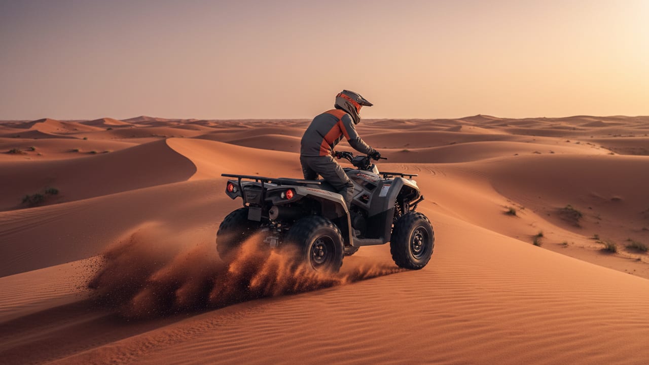 Yamaha Grizzly quad with rear wheel throwing sand on a Dubai red dune crest at golden hour