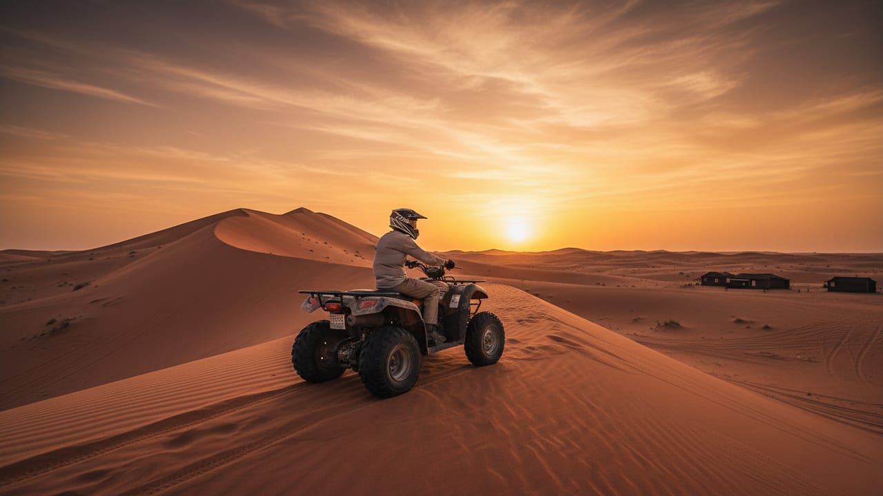 ATV quad bike taster ride at the dune-edge before camp arrival, Dubai red dunes at sunset