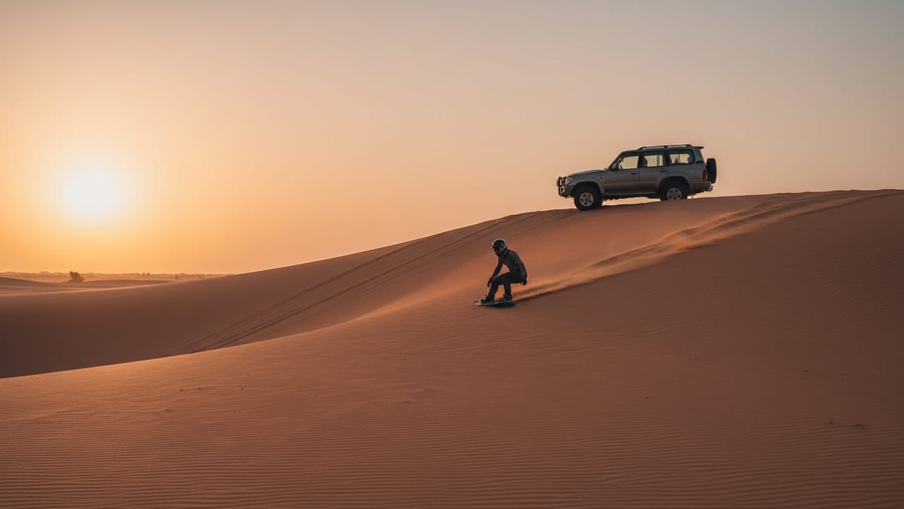 Sand-board stop on a Dubai red-dune slope at sunrise — rider mid-slide, Land Cruiser parked at the top