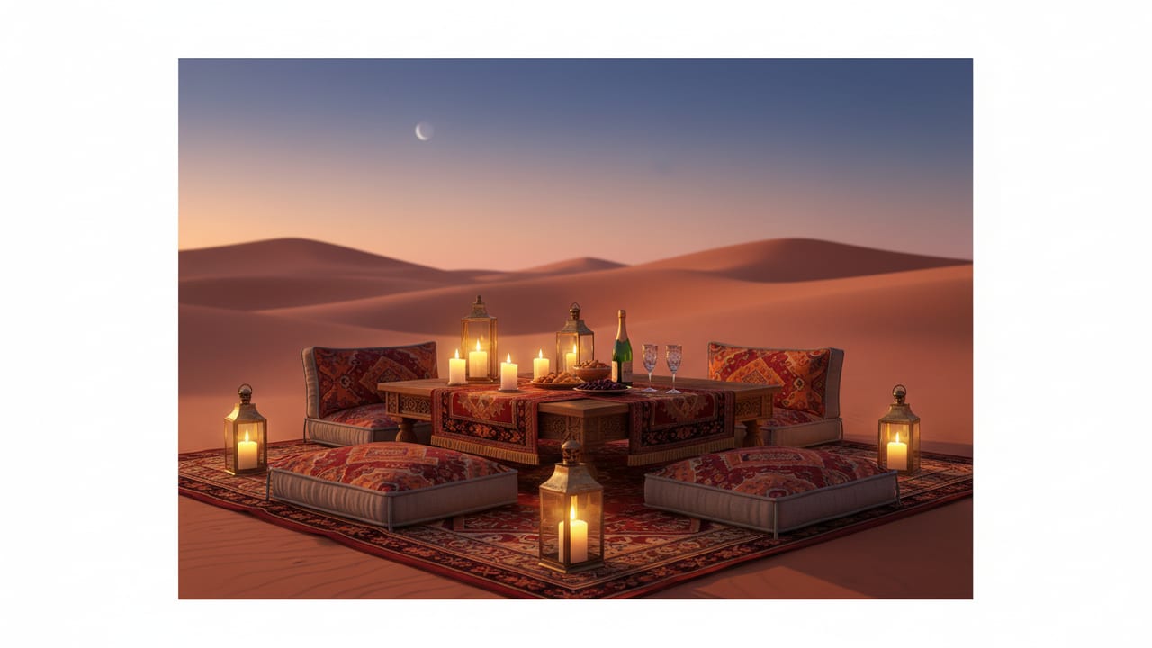 Private camp setup with a single party at a reserved table, candle-lit, Dubai red dunes at dusk