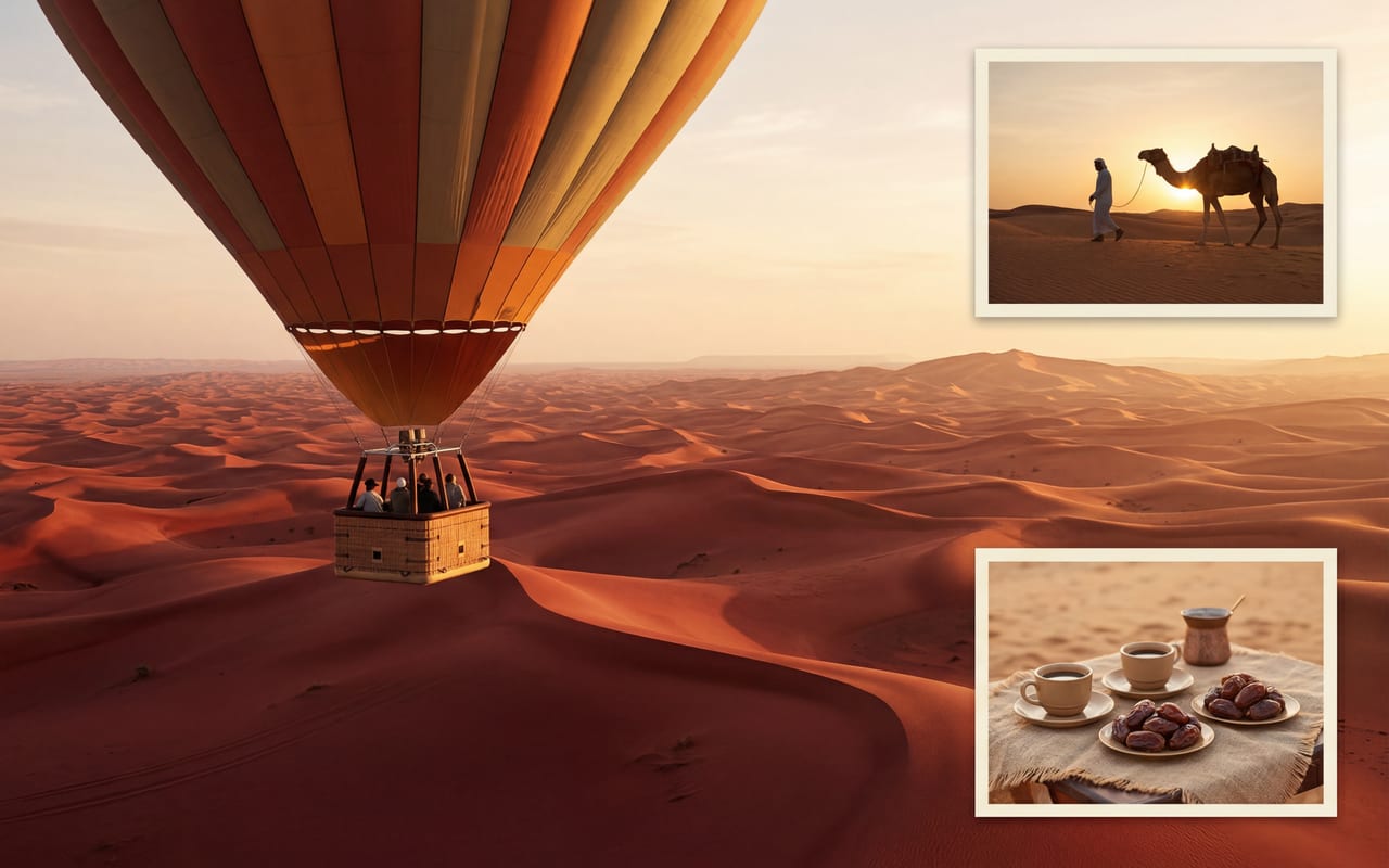 Hot air balloon basket with riders watching sunrise over Dubai dunes