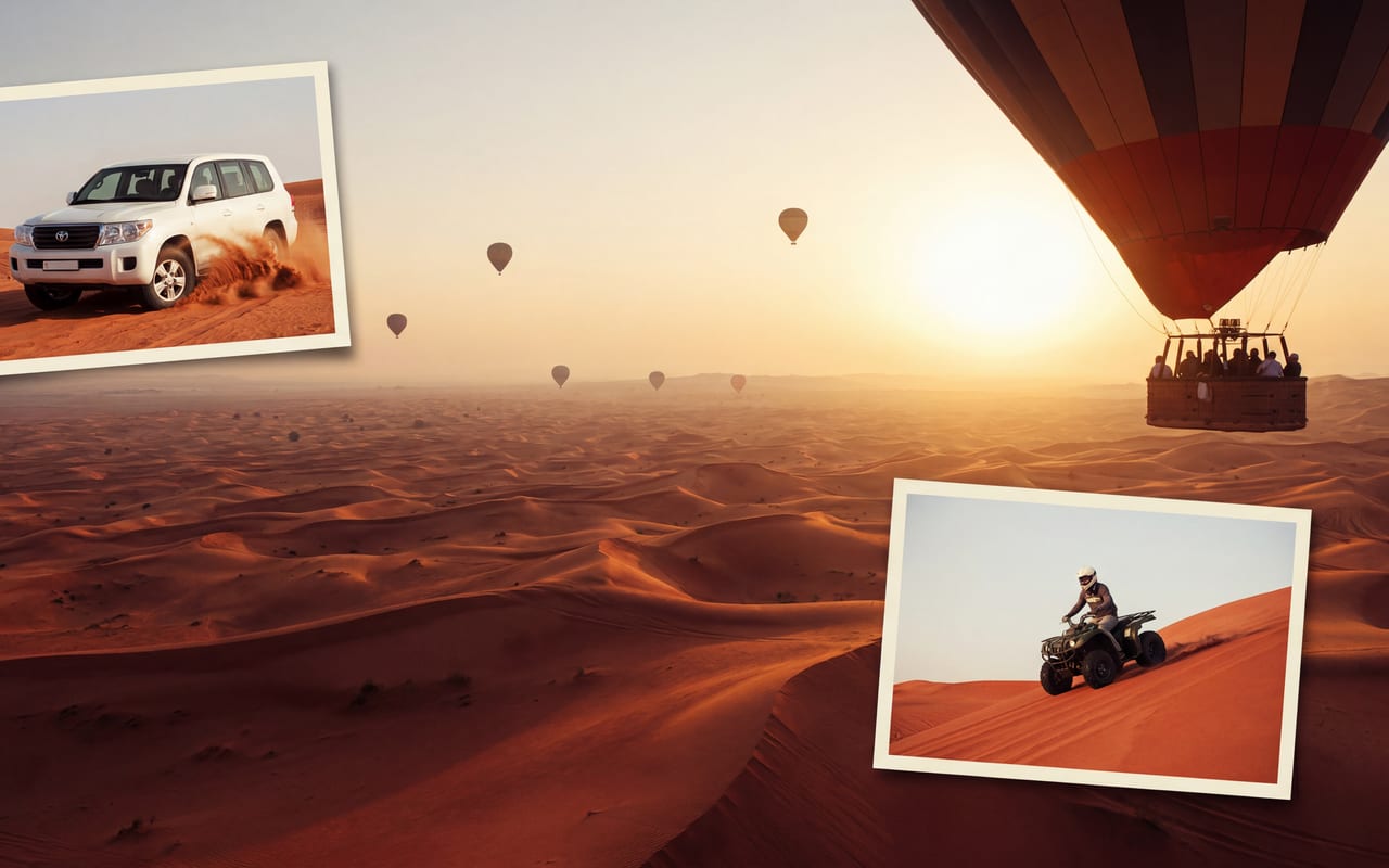 Hot air balloons over red dunes with quad bikes and Land Cruiser below