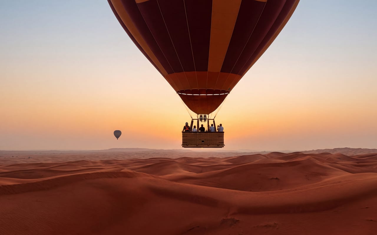 Hot air balloon ascending over Dubai red dunes at sunrise
