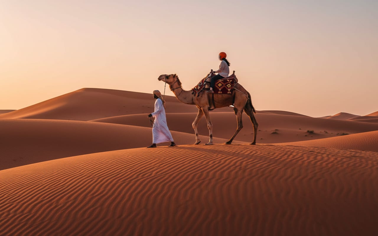 Camel ride on the red dunes of the Dubai desert with a Bedouin handler