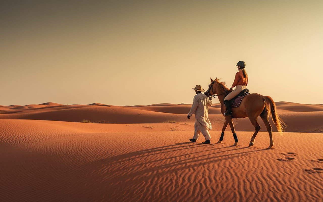 Guided horse ride across open desert sand near Dubai