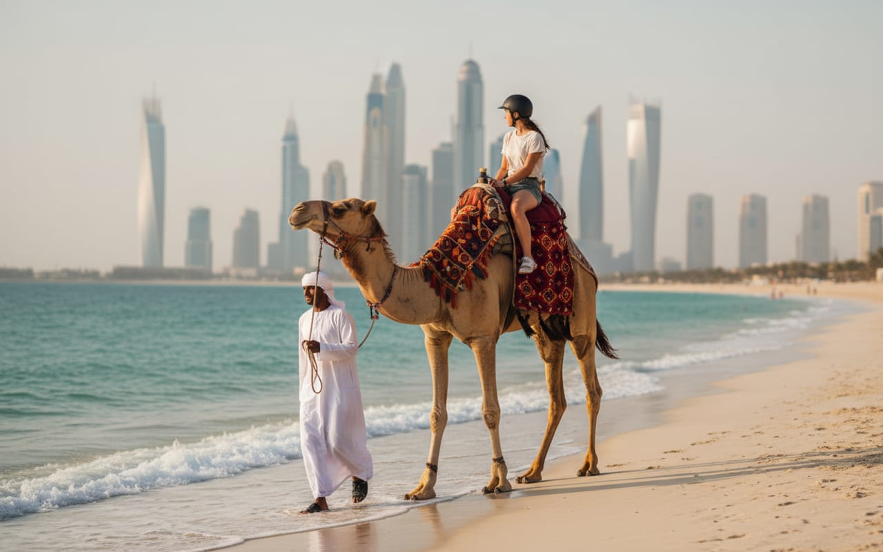 Camel ride along JBR Beach with the Dubai Marina skyline behind