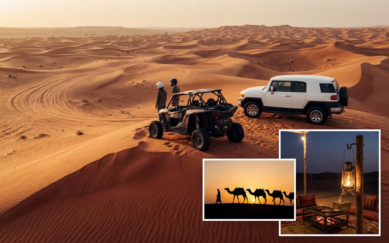 Custom desert tour route — buggy, camel and Land Cruiser silhouettes