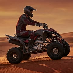 Quad bike rider crossing a Dubai dune at sunset