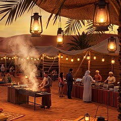 Evening desert safari camp with BBQ grill and lanterns