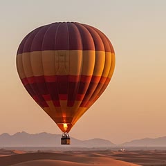 Hot air balloon flying over Dubai desert dunes at sunrise