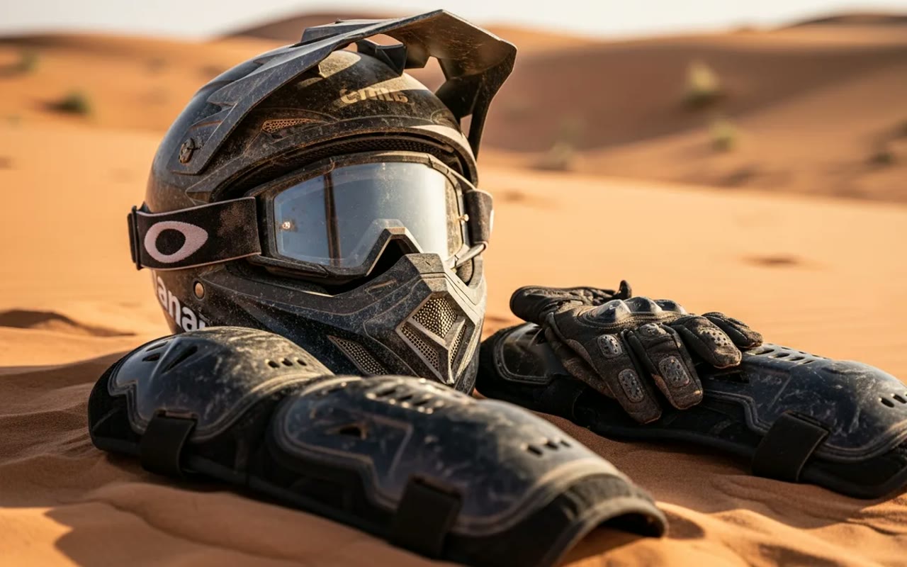 Dirt bike rider's helmet, goggles and protective gear laid out on a Dubai dune