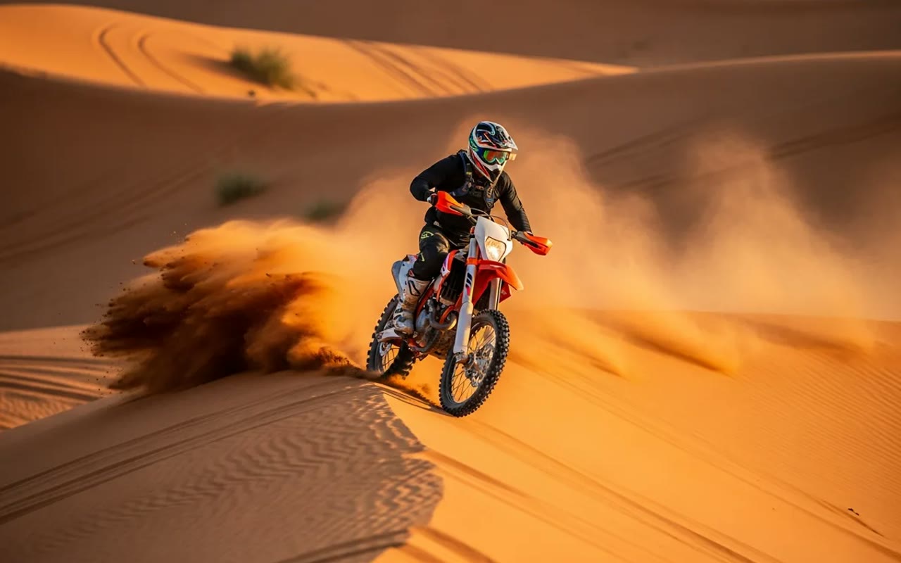 Dirt bike rider cresting a red dune with a dust trail in the Dubai desert