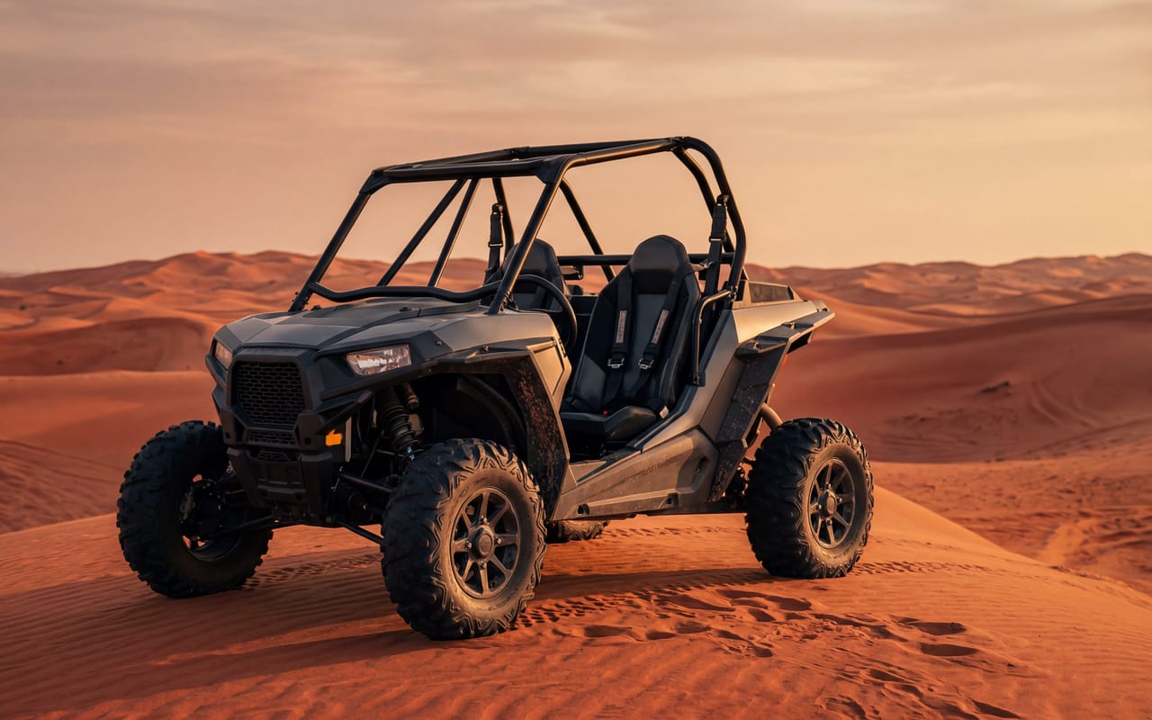 2 seater 1000cc dune buggy on a Dubai red dune crest at sunset