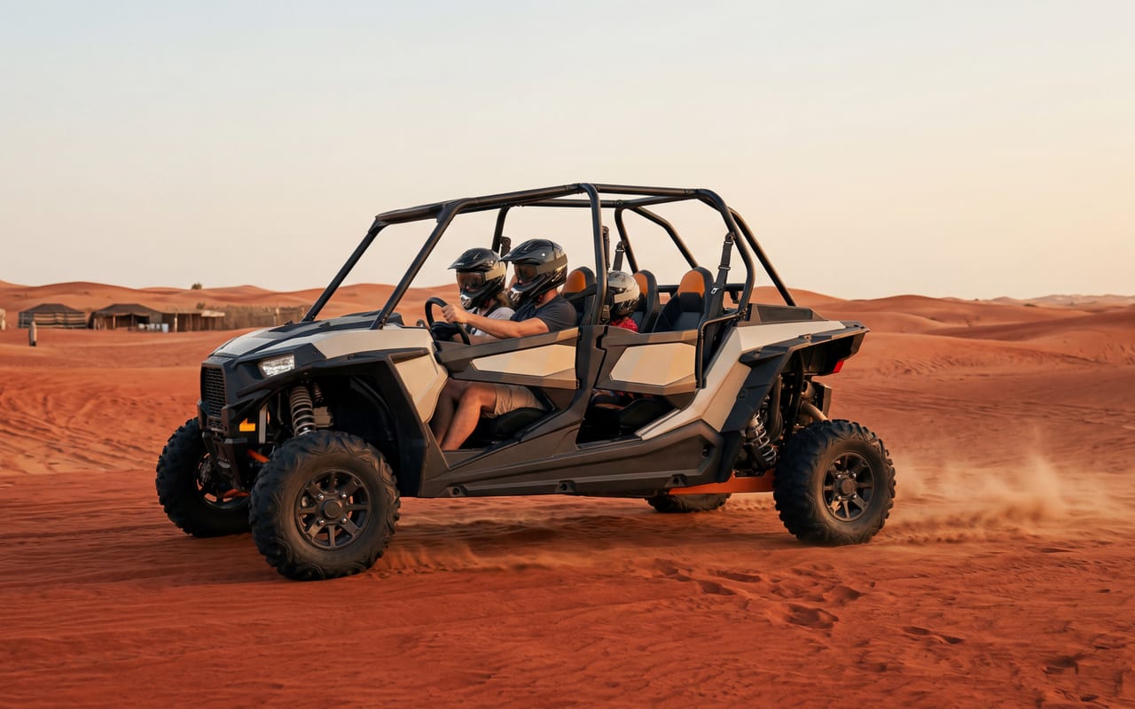 4 seater 1000cc dune buggy with harnesses on Dubai red sand