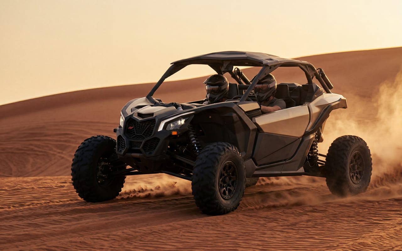 Can-Am Maverick X3 2 seater buggy parked on a red dune at sunset