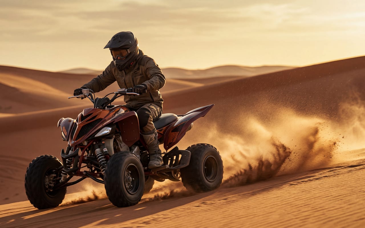 Single seater quad bike on a red Dubai dune