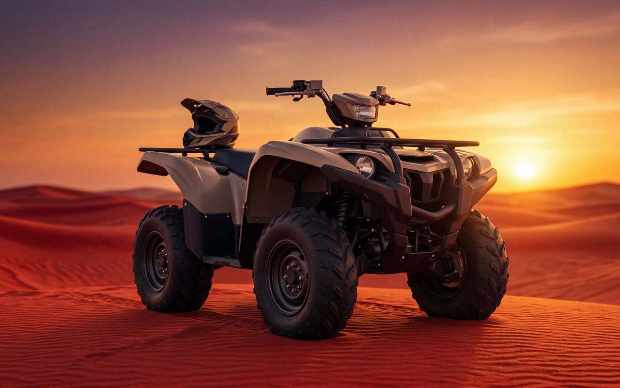 Yamaha Grizzly quad bike cresting a Dubai red dune