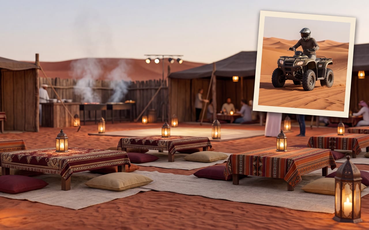 Evening Bedouin BBQ camp with stage lighting under desert sky