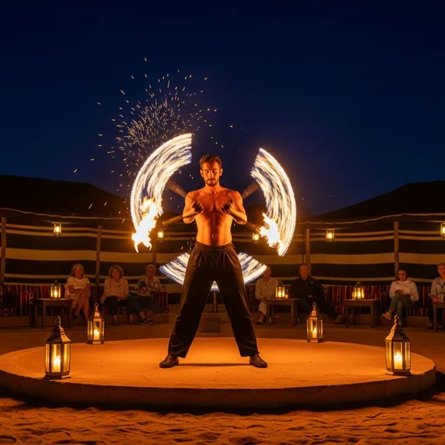 Fire show entertainment at the Evening Desert Safari camp