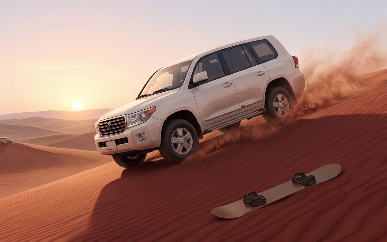 Morning Land Cruiser 4x4 safari on Dubai red dunes at sunrise