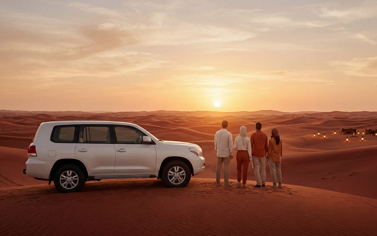 Private Land Cruiser 4x4 with family at evening desert camp