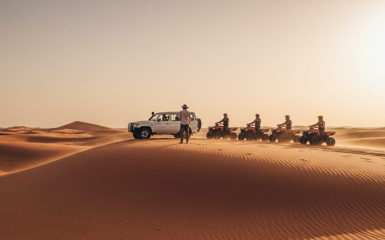 Lead-rider standing by an unbranded white 4WD support vehicle with a tidy convoy of quad bikes lined up on a Dubai red dune at golden hour