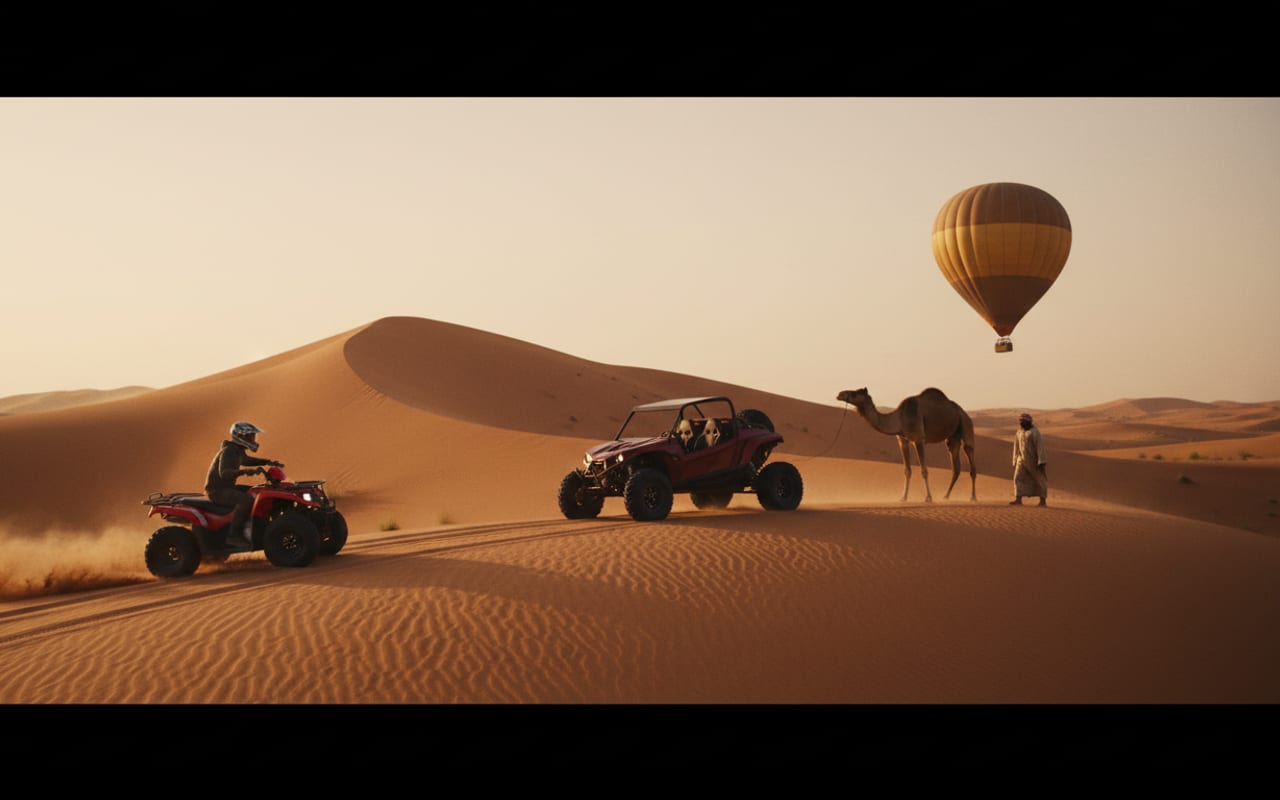 Quad bike, dune buggy, hot air balloon and camel together on the Dubai red dunes at golden hour